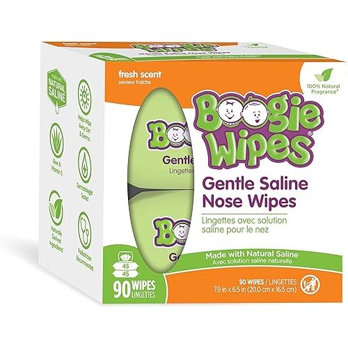 Boogie Wipes, Saline Wipes for Baby & Kids, Nose Booger Wipes for Allergy Relief, Face, Hand & Body, Made with Vitamin E, Aloe and Natural Saline, Fresh Scent, 45 Count (Pack of 2)