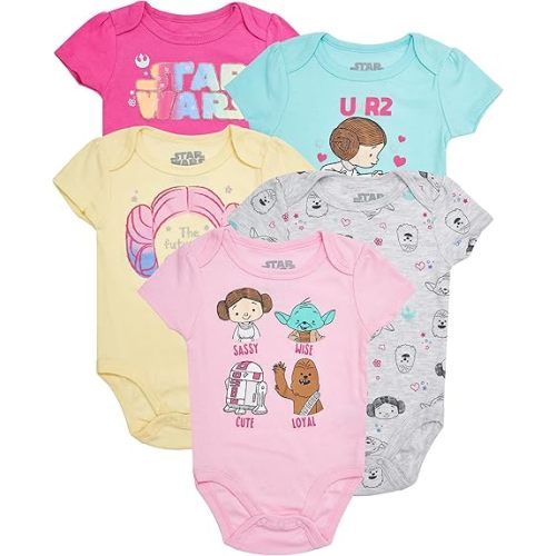 STAR WARS Baby Girls Bodysuits 5-Pack - Baby Girls' Bodysuits 5-Pack with Princess Leia, R2-D2, Yoda Baby Clothes