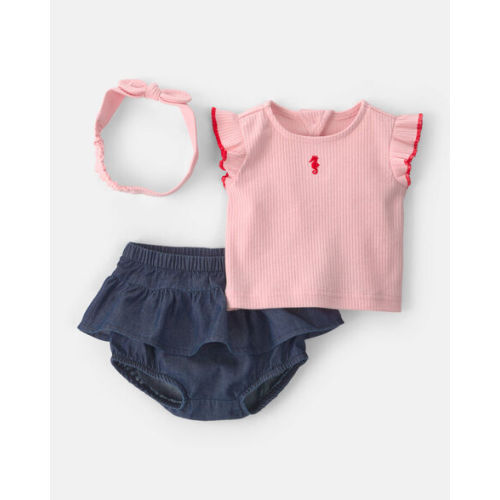 Baby Girl 3-Piece Headband, Top & Chambray Short Set - Pink (6M)