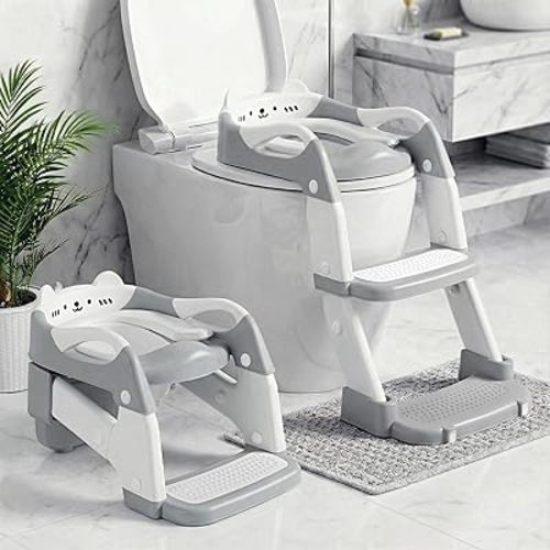 Orzbow Potty Training Seat, Toddler Toilet Seat with Step Stool Ladder, 2-in-1 Toddler Potty Training Toilet Chair for Kids Boys Girls - 5-Level Adjustable Height | Splash Guard | Anti Slip Pad, Grey