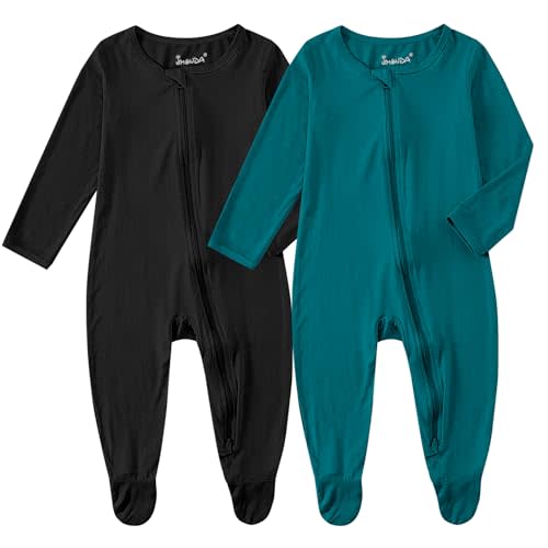 Ekkimy Baby Bamboo Rayon Romper Infant Footies Long Sleeve Double Zipper Outfits 2-Pack One-Piece Jumpsuits