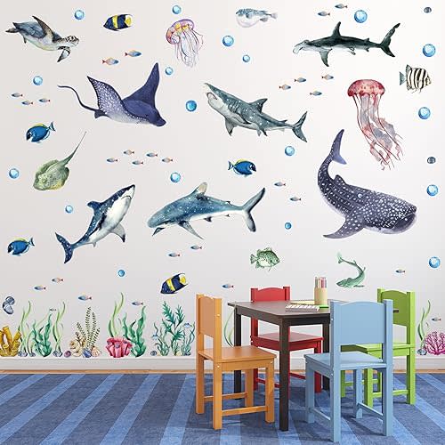 3 Pieces Large Watercolor Sharks Wall Decals Ocean Animal Peel and Stick Wall Sticker Under The Sea Marine Life Theme Decals Nursery Room Home Decor Party Supply, 11.2 x 34.6 Inches