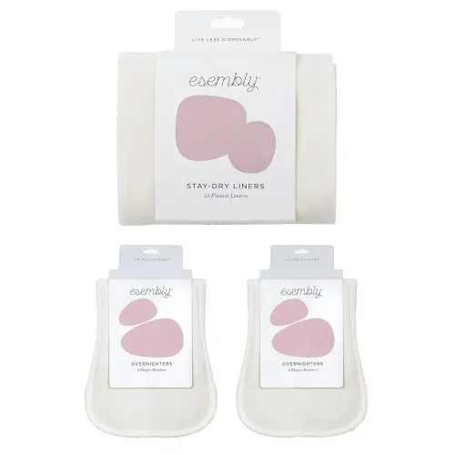Esembly Stay-Dry and Nighttime Essentials Bundle | Stay-Dry Fleece Diaper Liners (12-Pack) and Overnighters (4-Pack)