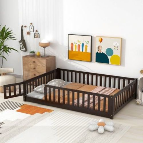 Full Montessori Floor Bed with Fence and Door, Espresso Solid Wood Platform with Guardrails for Toddlers and Kids Bedroom-3irtyhousy