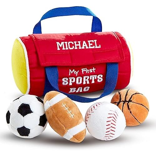 Personalized My First Sports Bag with Name, Embroidered Baby's Sports Bag for Baby boy & Girl, Custom Name Stuffed Plush Playset with Mini Plush Basketball Baseball Football Soccer Ball - 8'' Red