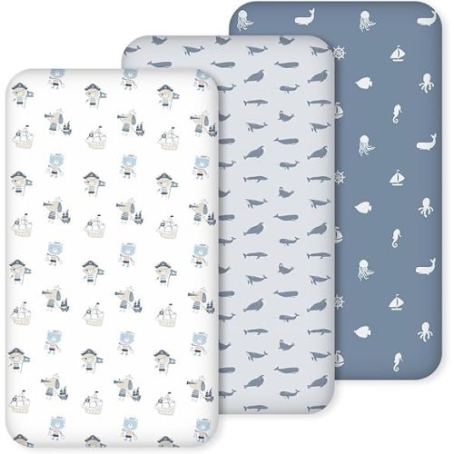 Nap Mat Sheet 47"x24", 3 Pack Blue Ocean Sailor Baby Crib Sheets Fitted Elastic Corners, Preschool Day Care Rest Mat Cover, Soft Breathable - Compatible with Regalo My Cot, Joovy Travel Cot