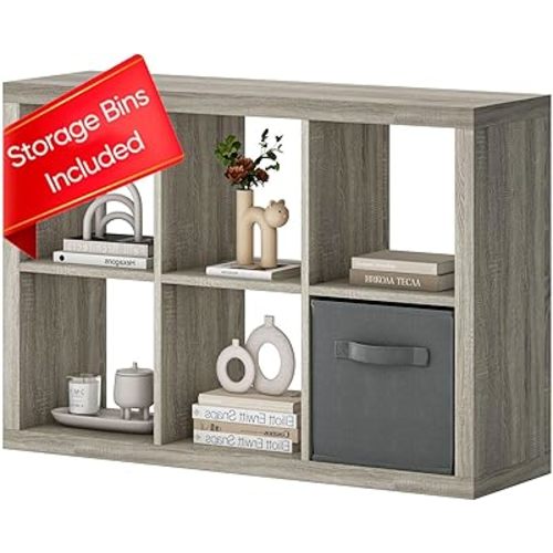 furtble Bookshelf with Storage Bin, 6-Cube Storage Organizer, Modern Wood Open Bookcase, Multifunctional Display Shelf for Living Room, Bedroom, Home Office, Gray Oak