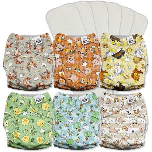 Mama Koala 3.0 Cloth Diapers for Babies with AWJ Lining, 6 Pack with 6 5-Layer Natural Cloth Diaper Inserts - Reusable and Washable Pocket Diapers(A-Farm Animals)