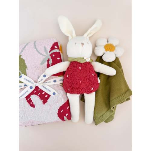 Strawberry Blanket, Flower Lovey, Bunny Plush Gift Set