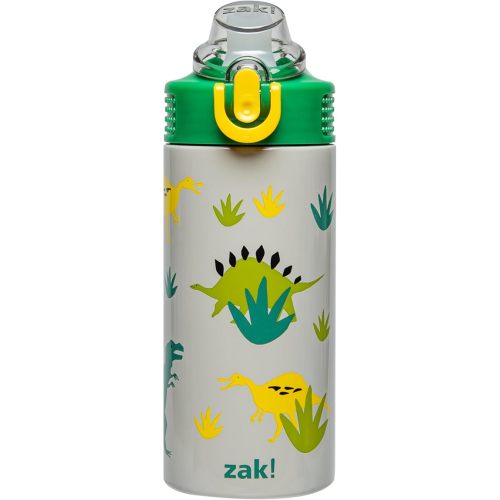 Zak Designs Sage Kids Water Bottle For School, Travel or At Home, 14oz Stainless Steel Water Bottle With Straw, Handle, and Leak-Proof, Pop-Up Spout Cover (Dino)