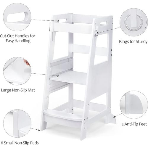 TOETOL Bamboo Toddler Kitchen Step Stool White Helper Standing Tower Height Adjustable with Anti-Slip Protection for Kids Kitchen Counter Learning