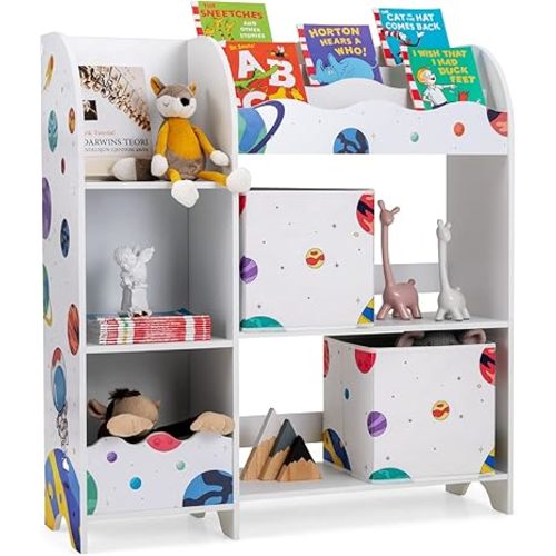 Costzon Toy and Book Organizer for Kids, Wooden Storage Display Cabinet Bookshelf w/5 Open Shelves, 2 Storage Boxes and 3 Slots, Kids Storage Unit for Playroom, Classroom, Living Room (Planet)