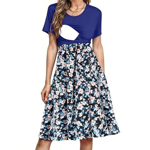 PARNIXS Women's Nursing Dress Summer Short Sleeve Patchwork Pregnancy Clothes with Pockets