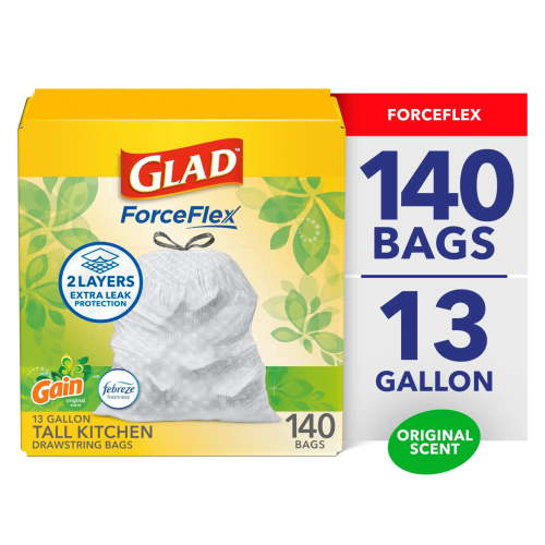 Glad ForceFlex Tall Kitchen Drawstring Trash Bags, 13 Gallon, Gain Original with Febreze Freshness, 140 Bags