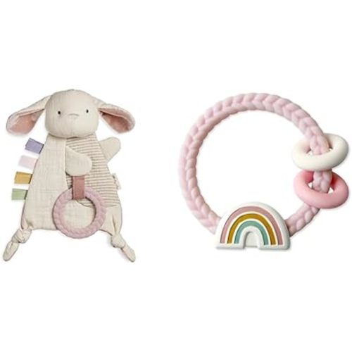 Itzy Ritzy - Bitzy Crinkle Sensory Toy Bunny with Crinkle Sound for Babies & Toddlers - Features & Silicone Teether with Rattle; Features Rattle Sound, Two Silicone Rings and Raised Textur