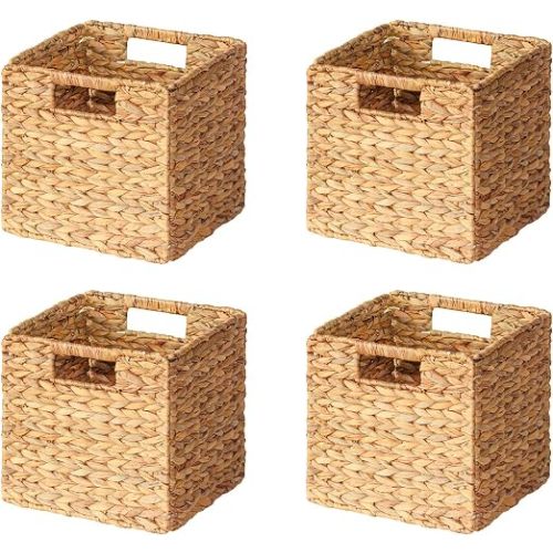 SpaceAid 4 Pack Wicker Basket, Storage Baskets for Organizing, Woven Rattan Basket with Handles for Shelves, Water Hyacinth Large Cube Organizer Storage Bin, 10.5x10.5x10.5 inch, Natural