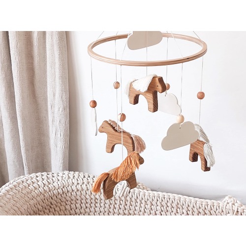 Wooden Baby Mobile – Horses and Clouds, Gender neutral Nursery Decor