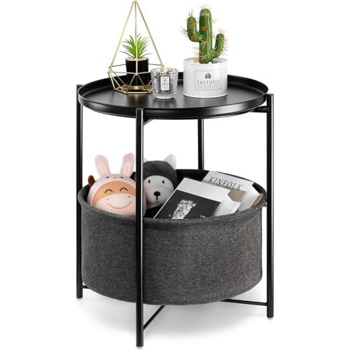 danpinera Round Side Table with Fabric Storage Basket, Metal Small Bedside Nightstand Removable Tray Top for Living Room, Bedroom, Nursery, Laundry, Ink Black
