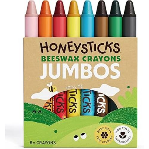 Honeysticks Jumbo Crayons (8 Pack) - Non Toxic Crayons - 100% Pure Beeswax and Food Grade Colors - 8 Bright Colors - Large, Easy to Hold and Use - Preschool Art Supplies for Toddlers/Kids 3-5, 4-8
