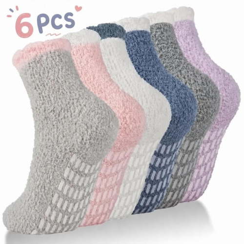 Loritta 6 Pairs Fuzzy Socks for Women Slipper Winter Warm Cozy Socks with Grippers, Size 5-9