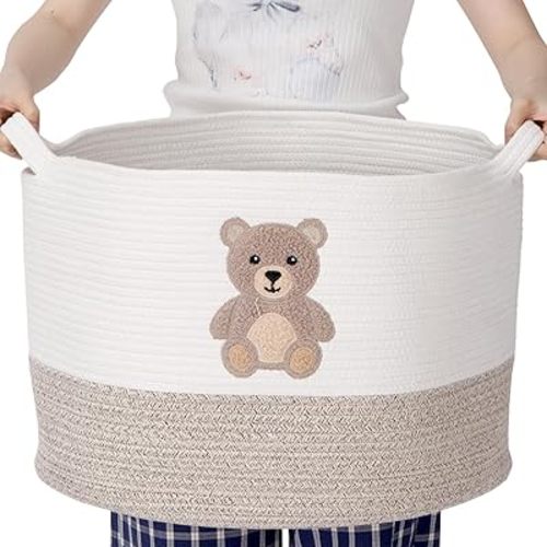 LemonRoad Bear Extra Large Cotton Rope Basket 20"x14", Embroidered Woven Baby Laundry Blanket Basket Box with Handle Storage, Blanket Storage for Living Room Nursery Pillows Laundry Baby Toy Chest