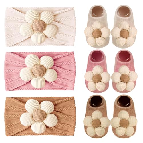WillingTee Baby Girl Headband and Socks, Non-Slip Floral Socks and Soft Floral Nylon Hairbands for Babies Infants and Toddlers 0-12 Months