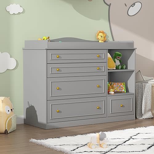 Grey Changing Table Dresser, Baby Nursery Dresser, Baby Diaper Changing Table, 5 Drawers, Adjustable Shelves, Metal Handle, Curved Wrapping Design, Grey