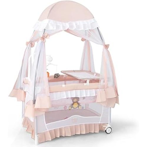BABY JOY 4 in 1 Pack and Play with Canopy, Portable Baby Playard with Bassinet, Double-Layer Baby Crib, Wheels & Brake, Foldable Baby Girl Pink Bassinet from Newborn to Toddler