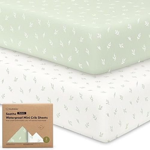 2 Pack and Play Sheets, Waterproof Mini Crib Sheets Fitted - 38x26 Organic Cotton Pack N Play Sheets for Graco Pack and Play Mattress, Playard Baby Crib Sheets, Neutral for Boy, Girl, Toddler (Herb)