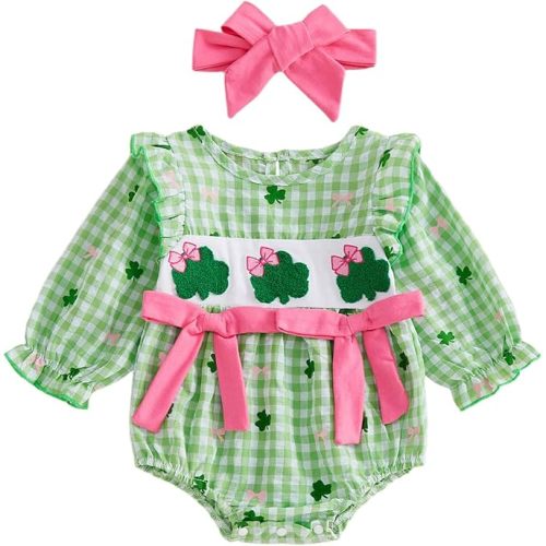 MoZiKQin Baby Girl St Patricks Day Outfit Shamrock Bubble Romper Long Sleeve Clover Onesie Jumpsuit Irish Baby Clothes