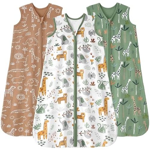 Baby Sleep Sack 0-6 months, 100% Cotton Sleeping Sack for Newborn and Infant, 3 Pack Baby Wearable Blanket, 0.5 Tog Lightweight Double Zipper Sleep Bag Small Brown Green Lion
