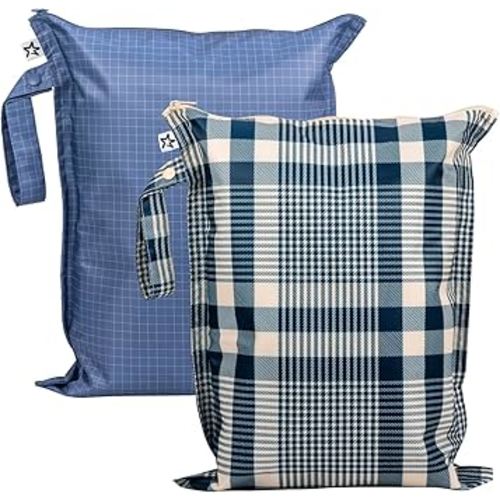 Tiny Twinkle Mess Proof Wet Bags | 2-Pack Reusable Waterproof Wet Bags for Swimsuits | Baby Clothes | Travel & Diaper Bag (Gingham,Grid)