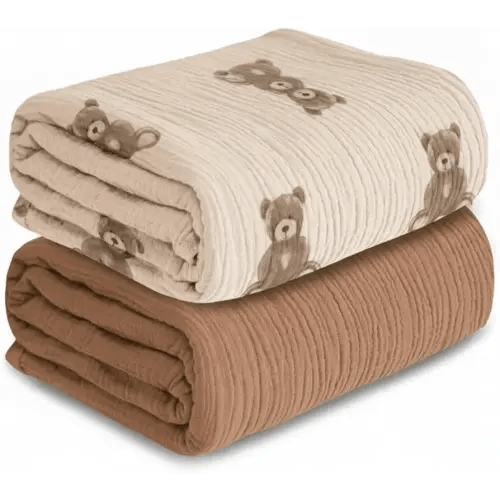 Muslin Swaddle Blankets for Boys Girls, 2 Pack Receiving Baby Blanket Large 47 x 40 inches, Soft Breathable Swaddling Wrap for Unisex Newborn (Bear, Brown)