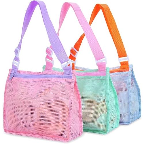 Tagitary Beach Toy Mesh Beach Bag Kids Shell Collecting Bag Beach Sand Toy Seashell Bags Swimming Accessories for Boys and Girls(Only Bags,A Set of 3)
