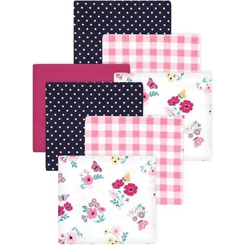 Little Treasure Hudson Baby Cotton Poly Flannel Receiving Blankets Multipack, Pink Butterfly Floral, 30x30 inches