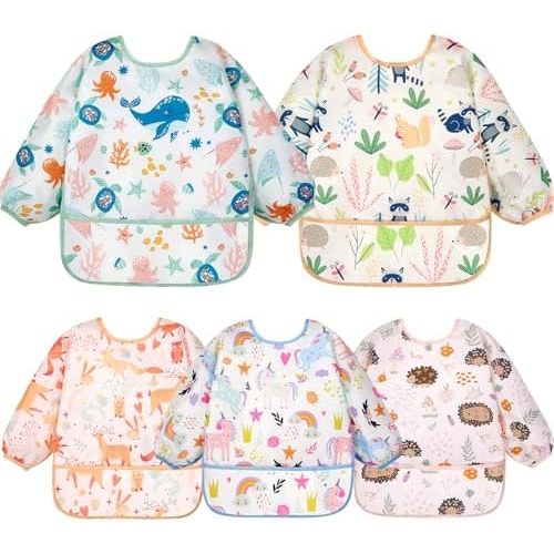 Lictin 5 Pcs Baby Long-sleeved Bibs, Waterproof Bibs with Sleeves Adjustable Feeding Bibs for Unisex Baby Toddler
