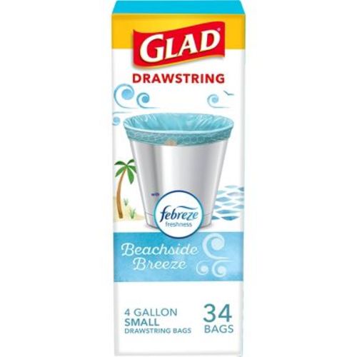 Glad Small Kitchen Drawstring 4gal Trash Bags - Febreze Beachside Breeze - 34ct