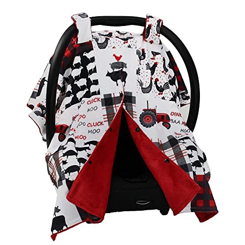 Dear Baby Gear Car Seat Cover for Boys & Girls - Baby Carseat Canopy w/Snap Opening - Infant Seat Cover - Stroller & Nursing Covers - Newborn Carrier Canopy - 40x30" (Farm Faux Quilt - Red Smooth)
