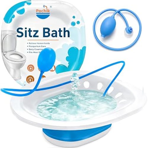 Pochik Sitz Bath for Toilet Seat Hemorrhoids and Postpartum Care, Yoni Steam Seat, Perineal Soaking, Collapsible, Flusher Hose, Drain Holes, Wider Seating Area - Blue