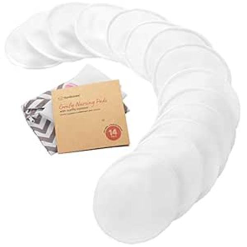 Organic Nursing Pads - 14 Washable Breast Pads for Breastfeeding, Wash Bag, Viscose Derived from Bamboo Reusable Nipple Covers for Breastfeeding Essentials, Soft & Absorbent(Soft White, L 4.8")