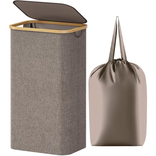 Lifewit 100L Laundry Basket with Lid, Clothes Hampers for Laundry with Bamboo Handles and 1 Removable Bag, Large Foldable Laundry Hamper for Bedroom, Bathroom, Dorm, Laundry Room, Brown