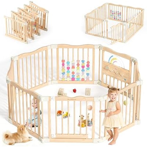 Foldable Wooden Playpen - Adjustable Wood Baby Play Yard with Child-Proof Lock, Indoor Large Safety Fence for Babies and Toddlers - Easy Assembly, 55 x 55 x 24 inches, Rainbow Dream, Light Oak