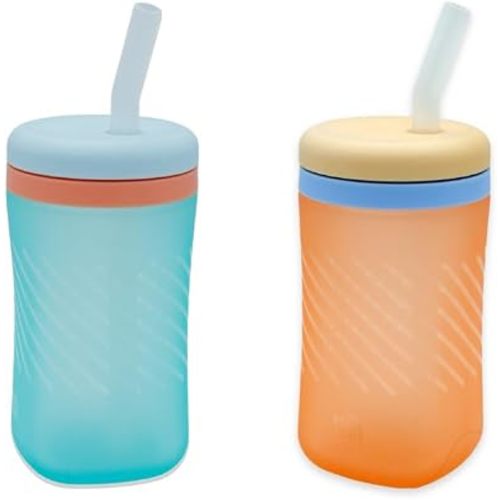 The First Years Silicone Squeeze & Sip Straw Cup - Spill-Proof Toddler Training Cups - Dishwasher Safe - Orange and Blue - 7 oz - 2 Count - Ages 6 Months+