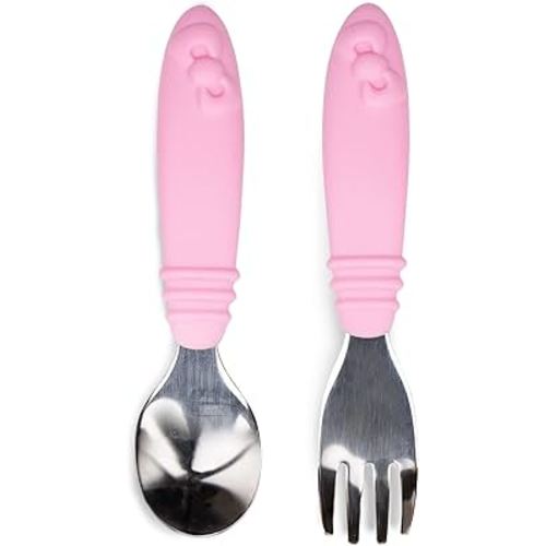 Bumkins Toddler Utensils, Kids Size Fork and Spoon Set, Silicone and Stainless-Steel Training Silverware, Angled Fork / Spork for Self-Feeding, Children Learning to Eat, 18 Mos Up, Hello Kitty Pink