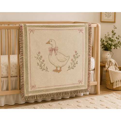 Vintage Goose Woven Blanket, Cottagecore Nursery Decor, Farmhouse Baby Blanket, Coquette Goose Throw, Rustic Nursery Gift B1F155