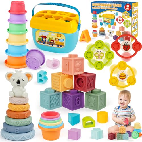 Montessori Toys for Babies Ages 6–12–18 Months with Sensory Shape Sorter Matching Game Box Stacking Cups Soft Ring, Building Blocks, Spinner Developmental Learning Toys for Toddlers 1+ Year Old