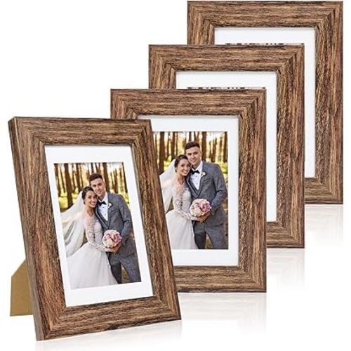 Hongkee 5x7 Picture Frame Set of 4, Made of Real Glass and Rustic Brown Wooden Frame, 5 by 7 Photo for Wall or Tabletop - Display Picture 4x6 with Mat or 5x7 Without Mat
