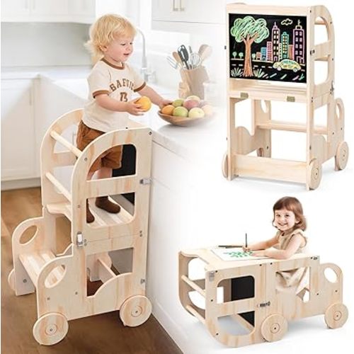 Toddler Kitchen Step Stool, Car Shape Learning Standing Tower with Blackboard, Wooden Kitchen Stool Helper, Foldable Chair & Table for Kids, Ideal 1-3 Year Old Boy Girl Gifts