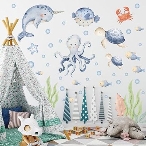 Under The Sea Whales Wall Decal Stickers,Wall Sticker for Children's Room Underwater World,Ocean Watercolor Wall Sticker ,oastal Ocean Hippocampus Octopus Turtle Fish Nursery Decoration.