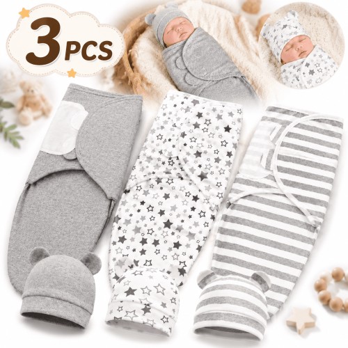 GENREEN 3pk Baby Swaddle Sleep Sacks 0-3 Months, Organic Cotton, Grey